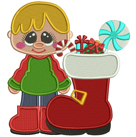 Little Boy Standing Next To Santa's Boot With Presents Filled Christmas Machine Embroidery Design Digitized Pattern