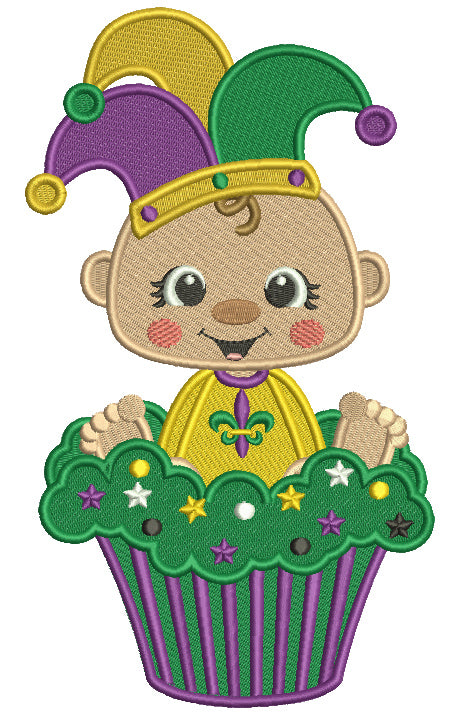 Little Boy Wearing Jester Hat Sitting Inside Cupcake Filled Mardi Gras Machine Embroidery Design Digitized Pattern