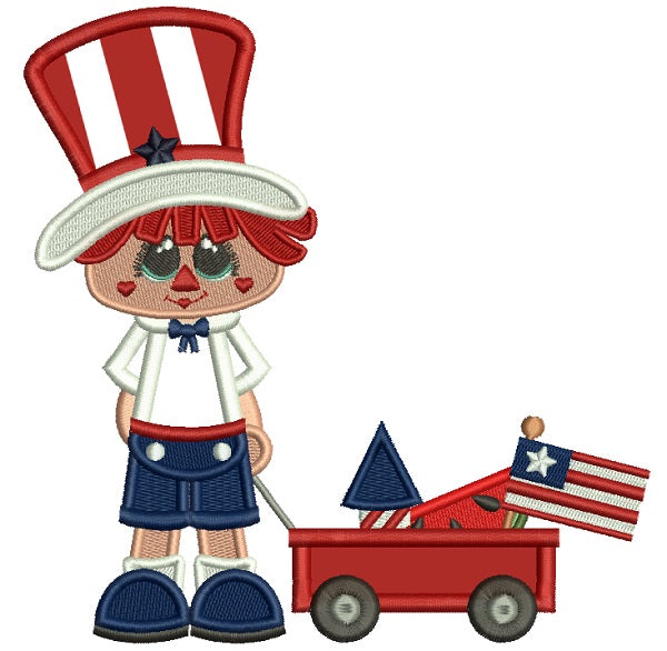 Little Boy Wearing a Big American Hat Pulling a Wagon With Toys Applique Machine Embroidery Design Digitized Pattern