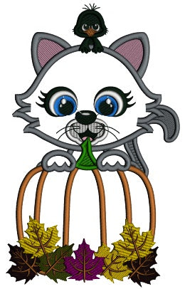 Little Cat Behind a Huge Pumpkin With a Cute Crow Fall Applique Thanksgiving Machine Embroidery Design Digitized Pattern