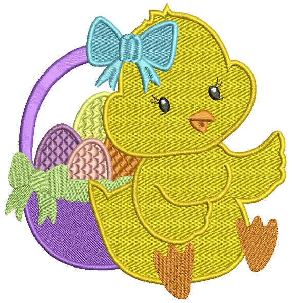 Little Chick Girl With Basket Full Off Easter Eggs Filled Machine Embroidery Design Digitized Pattern