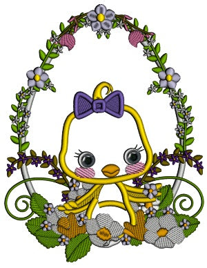Little Chick Sitting In Front of Ornate Easter Egg Applique Machine Embroidery Design Digitized Pattern