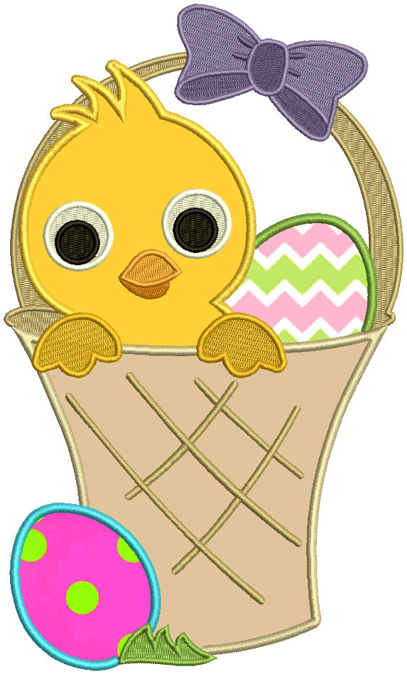 Little Chick Sitting Inside Basket With an Easter Egg Applique Machine Embroidery Design Digitized Pattern