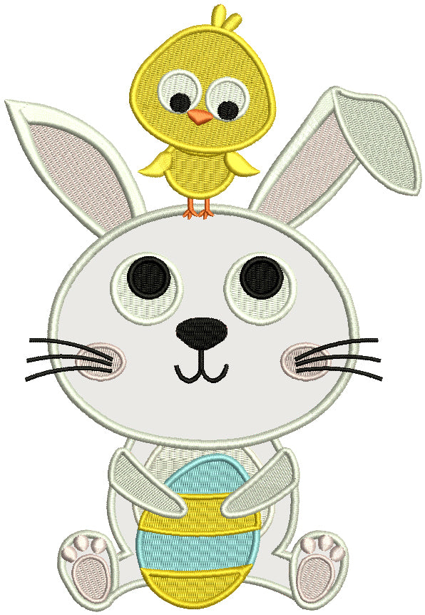 Little Chick Sitting On Easter Bunny Applique Machine Embroidery Design Digitized Pattern