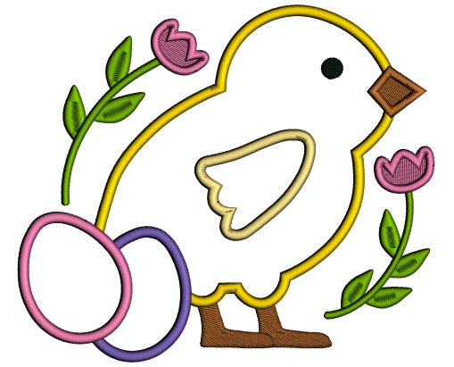 Little Chick With Easter Eggs And Flowers Applique Machine Embroidery Design Digitized Pattern