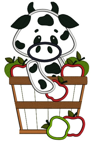 Little Cow in the bucket with Apples Applique Machine Embroidery Digitized Design Pattern