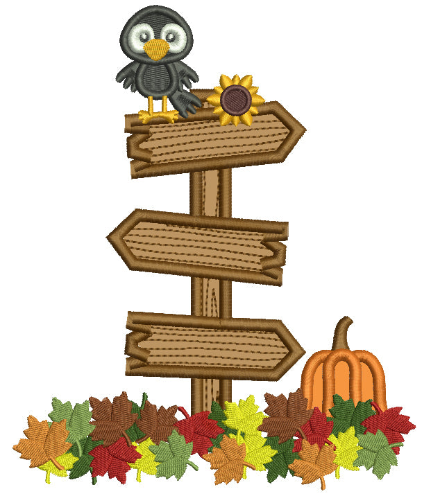 Little Crow Sitting On Crossroads Sign With Pumpkin And Fall Flowers Halloween Applique Machine Embroidery Design Digitized Pattern