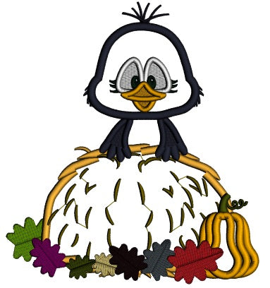 Little Crow Sitting On Hay With Leaves Thanksgiving Applique Machine Embroidery Design Digitized Pattern