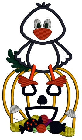 Little Crow Sitting on a Pumpkin Halloween Applique Machine Embroidery Design Digitized Pattern