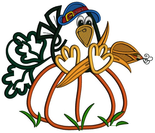 Little Crow Sitting on the Pumpkin Halloween Applique Machine Embroidery Design Digitized Pattern