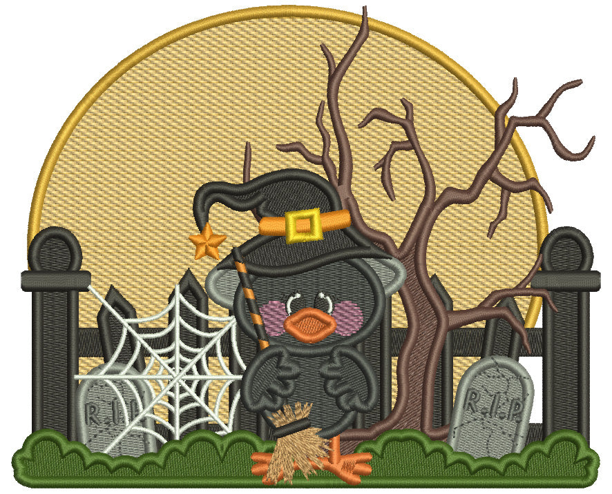 Little Crow Wizard Holding Broom Spider Web and RIP Halloween Filled Machine Embroidery Design Digitized Pattern