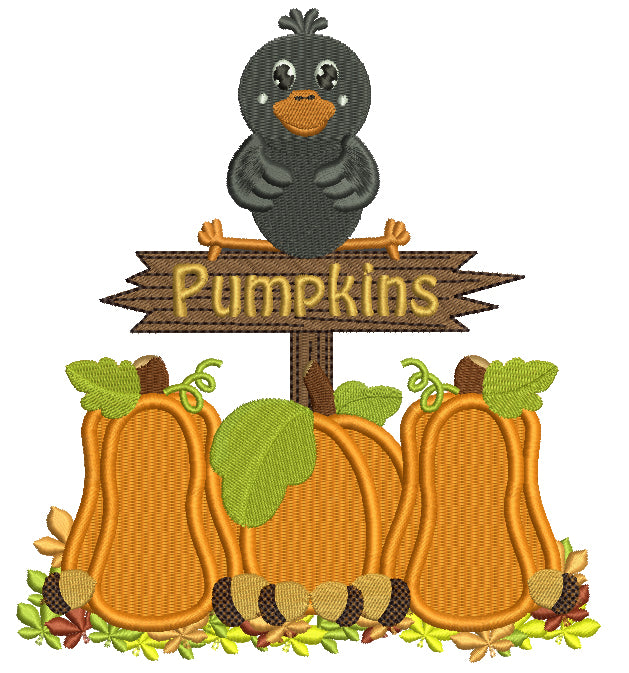 Little Crow in a Pumpkin Patch Filled Machine Embroidery Digitized Design Pattern
