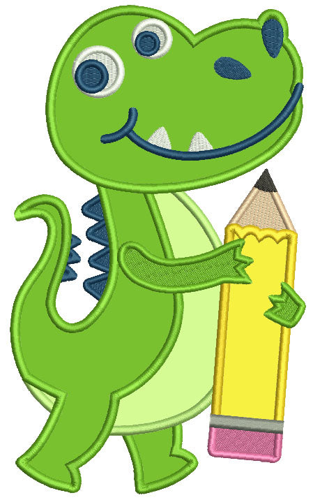 Little Dino Holding a Pencil School Applique Machine Embroidery Design Digitized Pattern