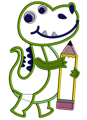 Little Dino Holding a Pencil School Applique Machine Embroidery Design Digitized Pattern