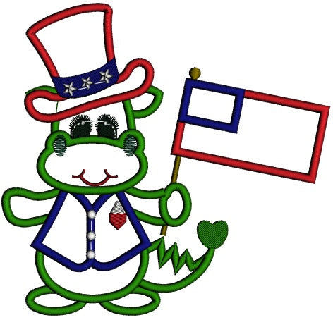 Little Dino holding American Flag 4th of July Independence Day Applique Machine Embroidery Digitized Design Pattern