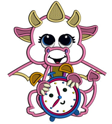 Little Dragon Holding An Alarm Clock Applique Machine Embroidery Design Digitized Pattern