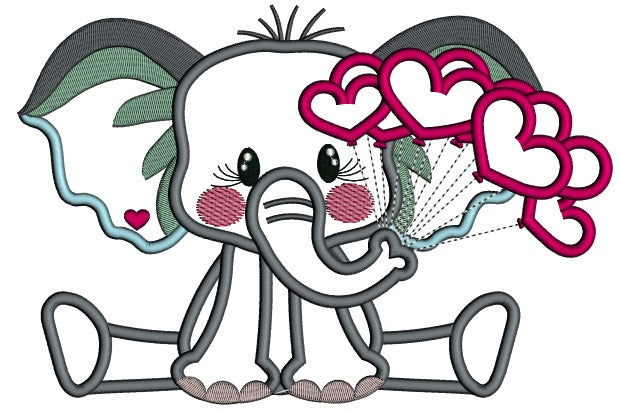 Little Elephant Holding Hearts On The String Valentine's Day Applique Machine Embroidery Design Digitized Pattern