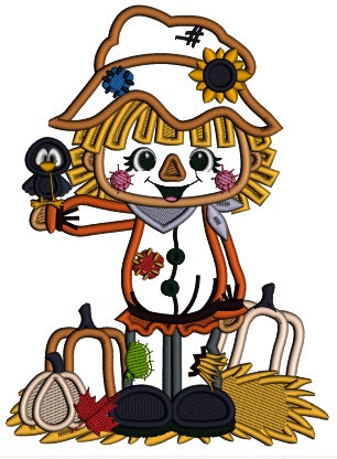 Little Farm Boy With Pumpkins Holding a Crow Thanksgiving Applique Machine Embroidery Design Digitized Pattern