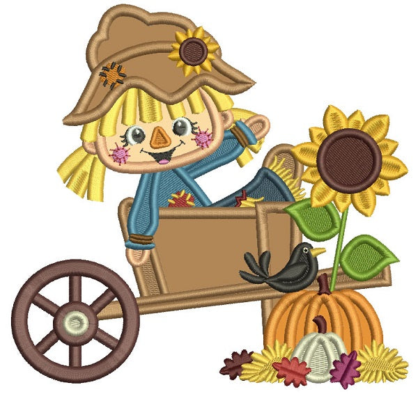 Little Farm Girl Sitting Inside Wagon With Pumpkins And Sunflower Thanksgiving Applique Machine Embroidery Design Digitized Pattern