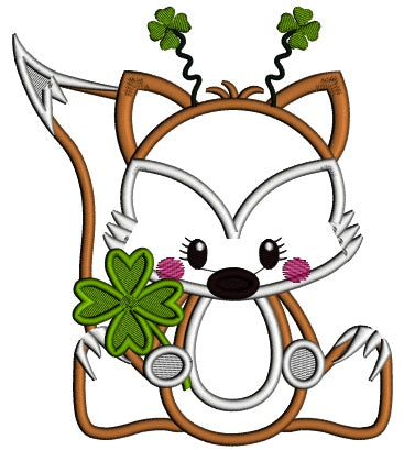 Little Fox Holding Shamrock Applique St. Patrick's Day Machine Embroidery Design Digitized Pattern