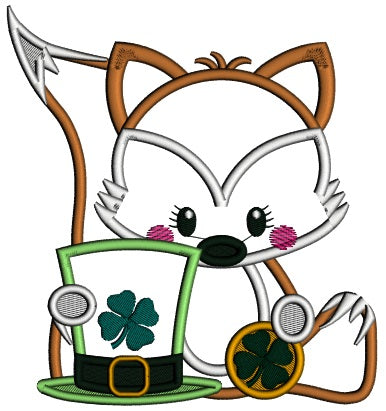 Little Fox Holding a Hat With Shamrock Applique St. Patrick's Day Machine Embroidery Design Digitized Pattern