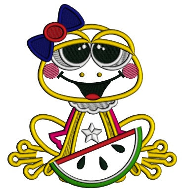 Little Frog Eating Watermelon Applique Machine Embroidery Design Digitized Pattern