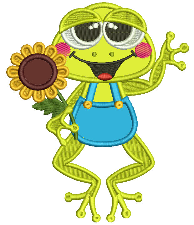 Little Frog Holding Sunflower Fall Applique Machine Embroidery Design Digitized Pattern