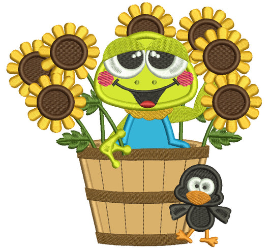 Little Frog Inside Of Basket With Sunflower Fall Applique Machine Embroidery Design Digitized Pattern