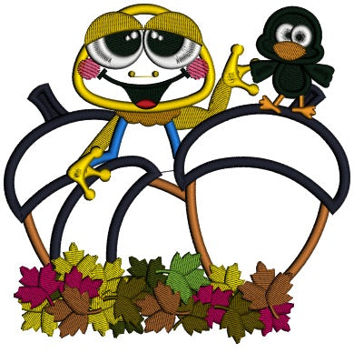 Little Frog With a Bird And Acorns Fall Applique Machine Embroidery Design Digitized Pattern