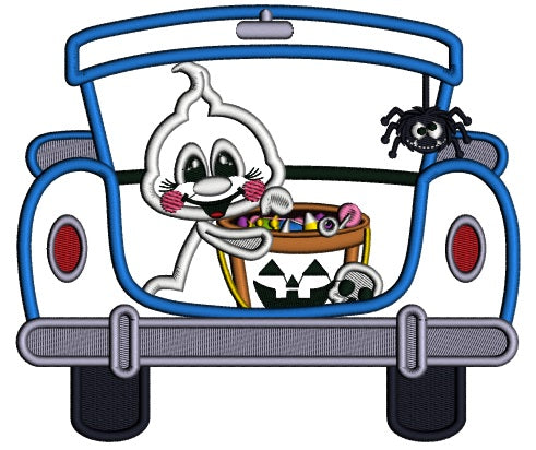 Little Ghost With Candy In The Trunk Of a Car Halloween Applique Machine Embroidery Design Digitized Pattern
