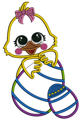 Little Girl Chick Holding Fancy Easter Egg Applique Machine Embroidery Design Digitized Pattern