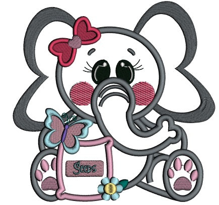 Little Girl Elephant Holding Flower Seeds Applique Machine Embroidery Design Digitized Pattern