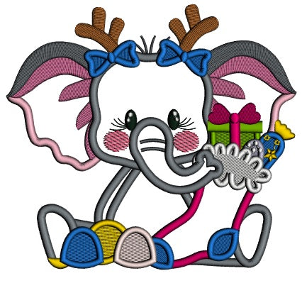 Little Girl Elephant With a Christmas Stocking Full Of Toys Applique Machine Embroidery Design Digitized Pattern