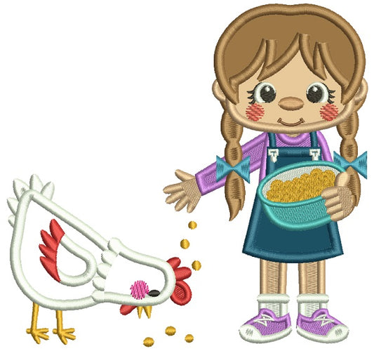 Little Girl Feeding a Rooster Applique Machine Embroidery Digitized Design Pattern
