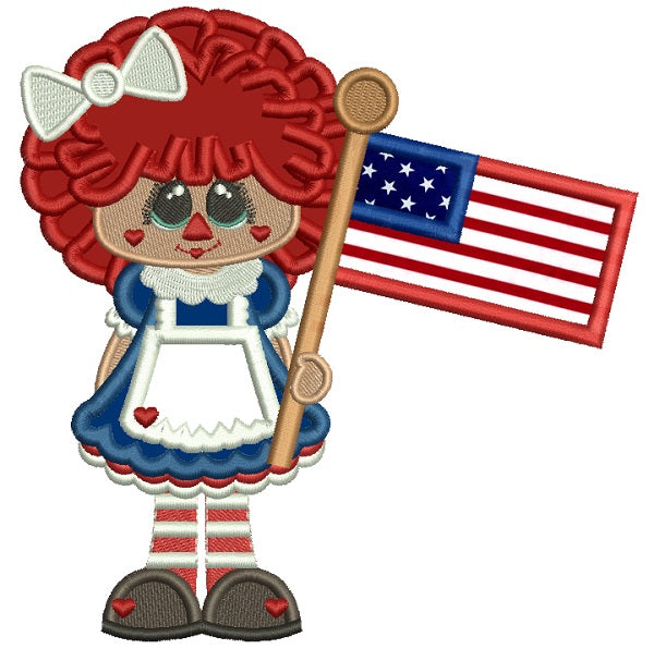 Little Girl Holding American Flag Applique Machine Embroidery Design Digitized Pattern