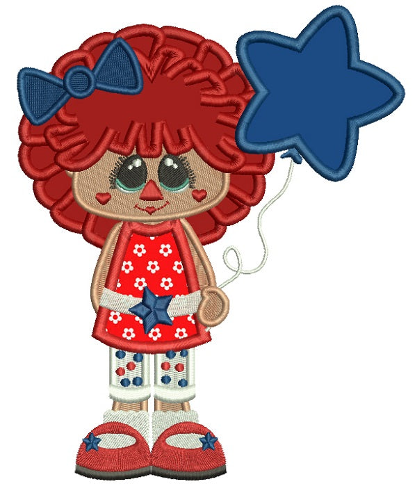 Little Girl Holding Start Shaped Balloon Applique Machine Embroidery Design Digitized Pattern