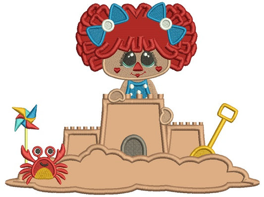 Little Girl Playing Building a Sand Castle With a Crab Applique Machine Embroidery Design Digitized Pattern