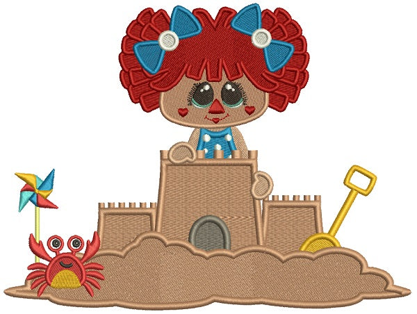 Little Girl Playing Building a Sand Castle With a Crab Filled Machine Embroidery Design Digitized Pattern