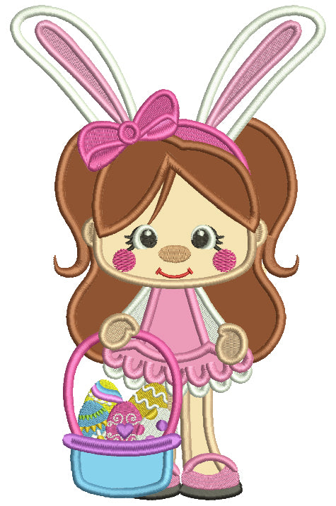 Little Girl Wearing Bunny Ears And Holding Easter Basket Applique Machine Embroidery Design Digitized