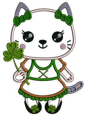 Little Kitten Holding Shamrock St.Patrick's Day Applique Machine Embroidery Design Digitized Pattern
