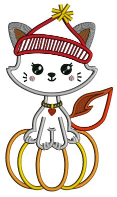 Little Kitten Sitting On The Pumpkin Fall Applique Machine Embroidery Design Digitized Pattern