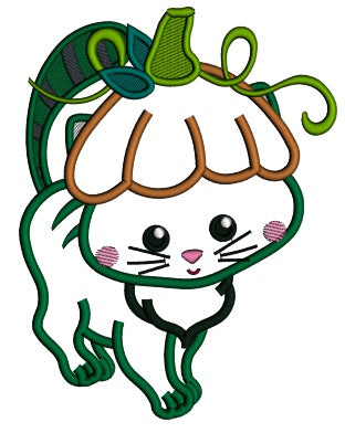 Little Kitten Wearing Pumpkin Hat Thanksgiving Applique Machine Embroidery Design Digitized Pattern