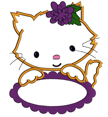 Little Kitten with Oval Table Applique Machine Embroidery Digitized Design Pattern