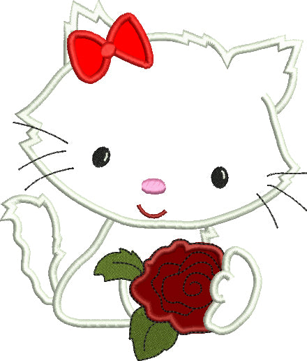 Little Kitten with a Rose Applique Machine Embroidery Digitized Design Pattern