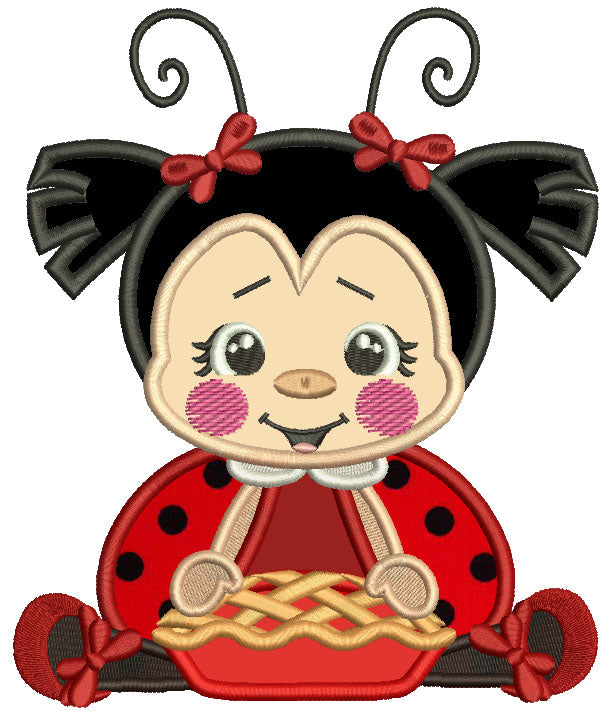 Little Ladybug Eating Pie Applique Machine Embroidery Design Digitized Pattern