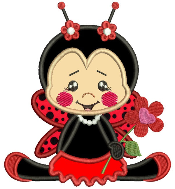 Little Ladybug Holding a Flower Applique Machine Embroidery Design Digitized Pattern