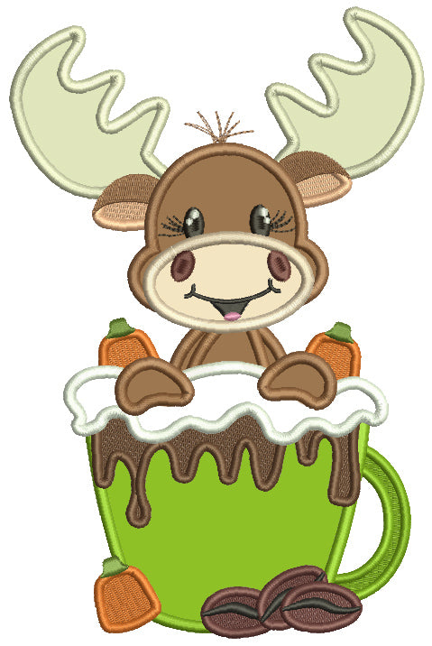 Little Moose Holding a Coffee Cup Fall Thanksgiving Applique Machine Embroidery Design Digitized Pattern