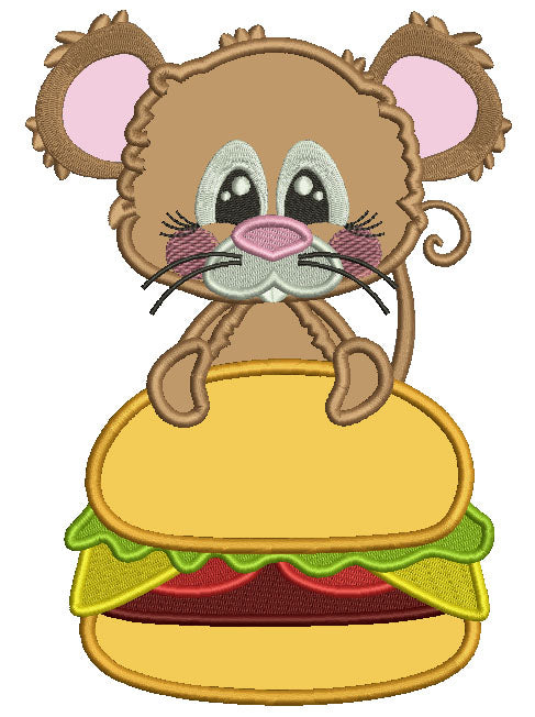 Little Mouse Holding a Big Hamburger Applique Machine Embroidery Design Digitized Pattern