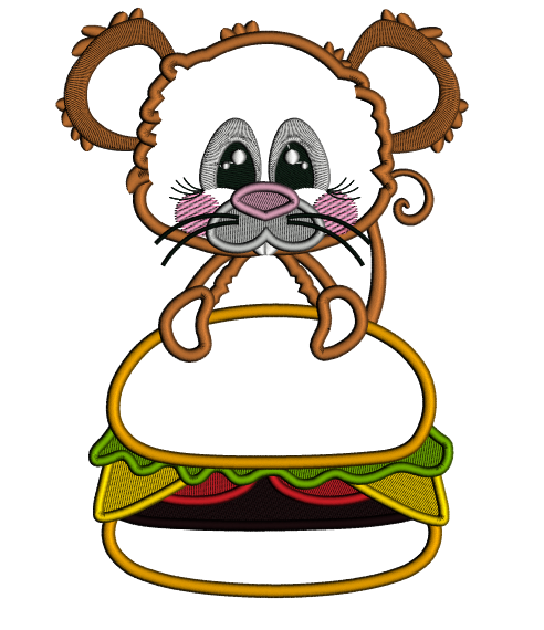 Little Mouse Holding a Big Hamburger Applique Machine Embroidery Design Digitized Pattern