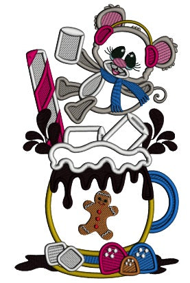 Little Mouse On the Cup Of Cocoa Cup Applique Christmas Machine Embroidery Design Digitized Pattern